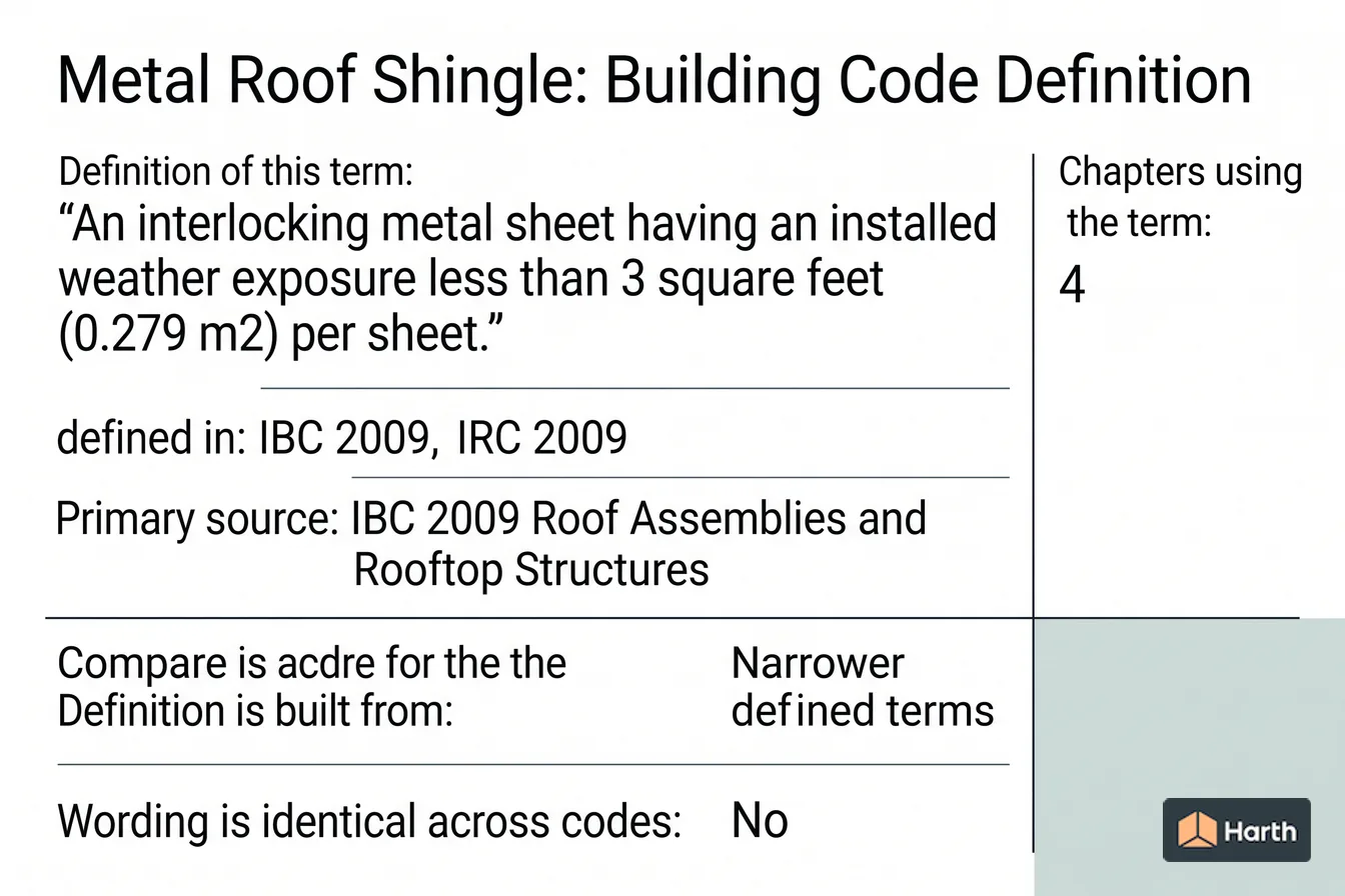Labeled code-term definition diagram: Metal Roof Shingle: Building Code Definition