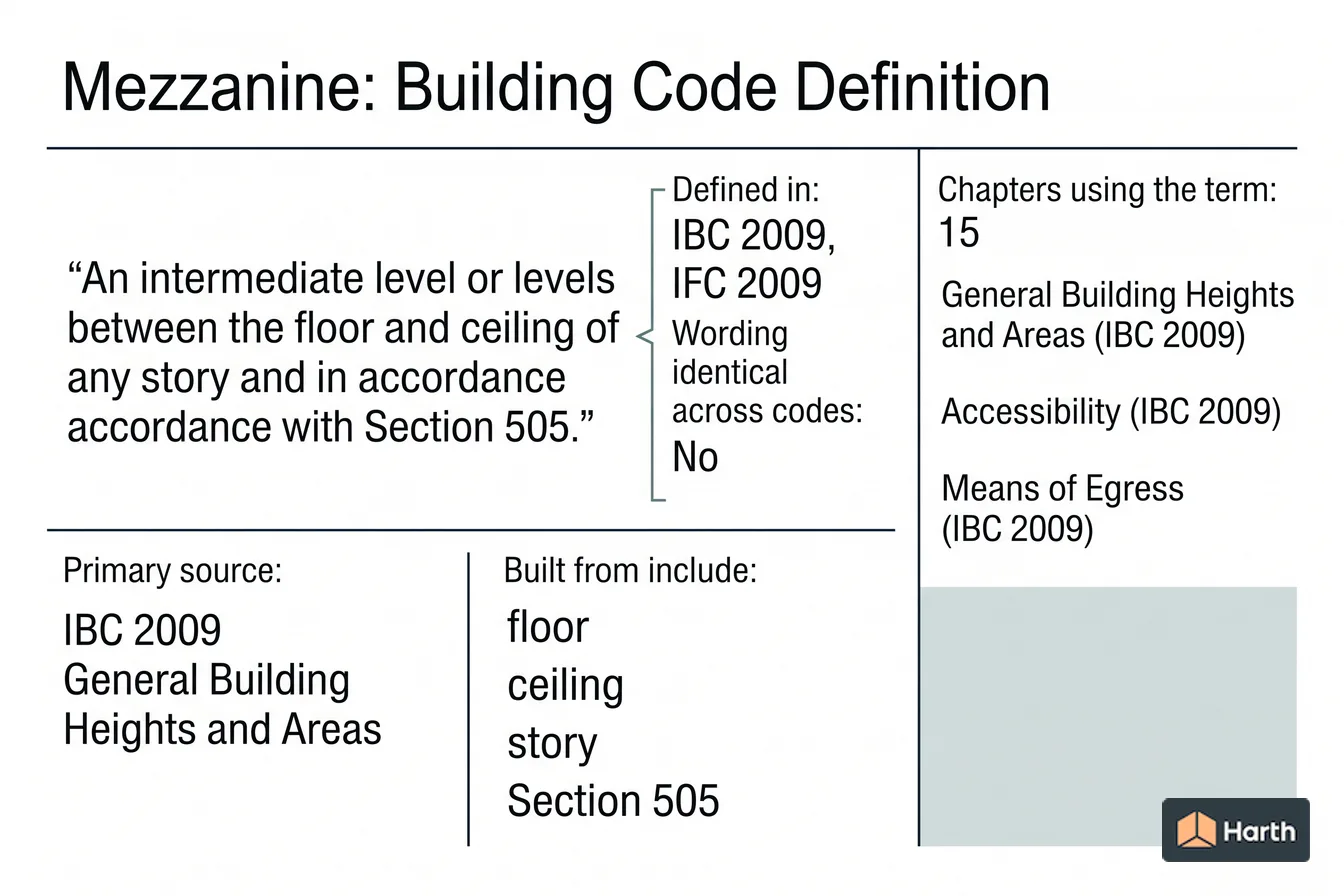 Labeled code-term definition diagram: Mezzanine: Building Code Definition