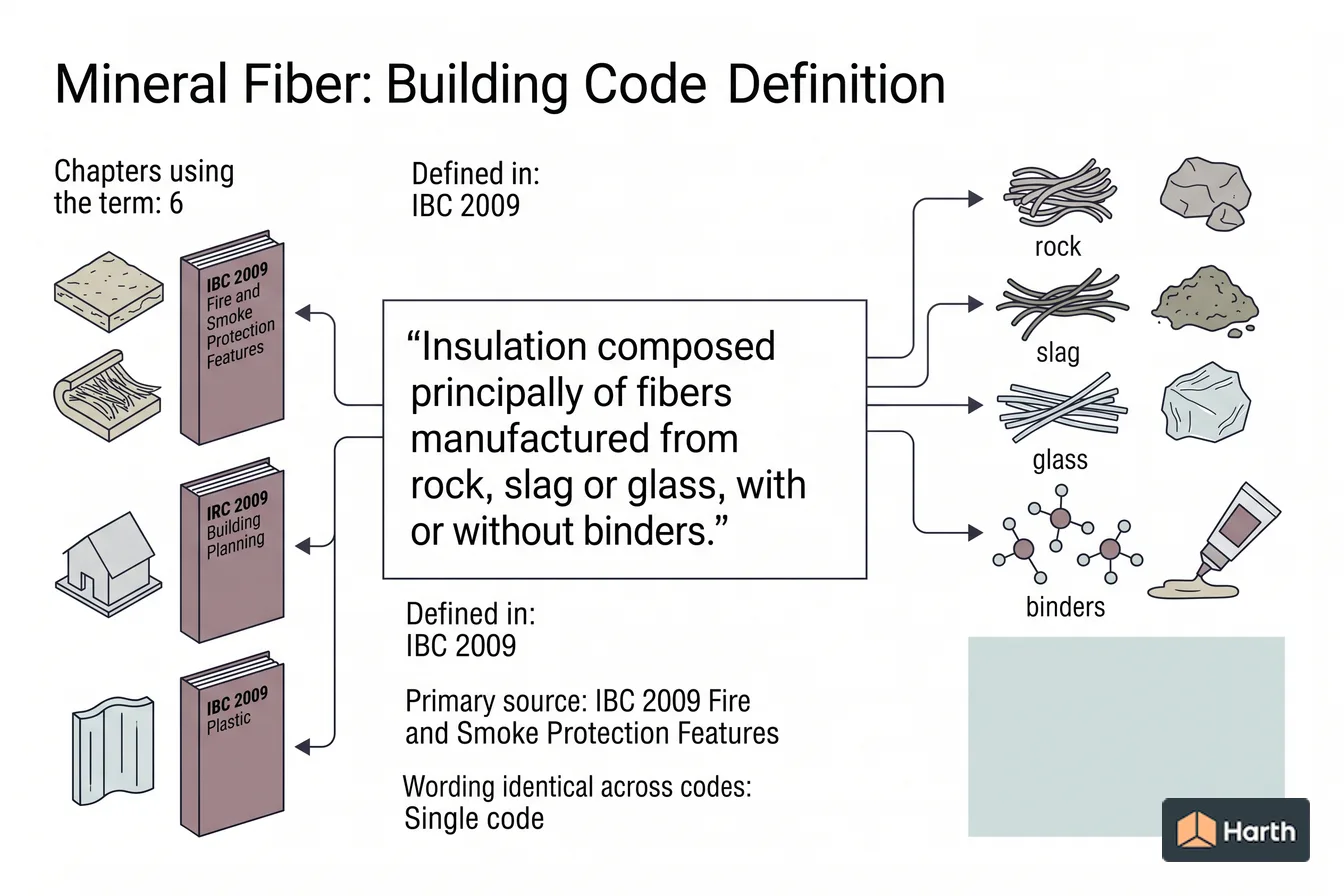 Labeled code-term definition diagram: Mineral Fiber: Building Code Definition