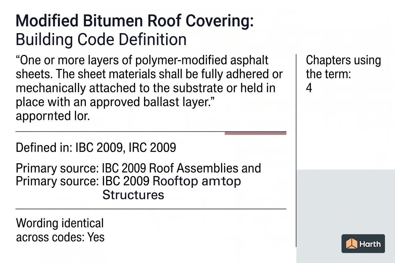 Labeled code-term definition diagram: Modified Bitumen Roof Covering: Building Code Definition