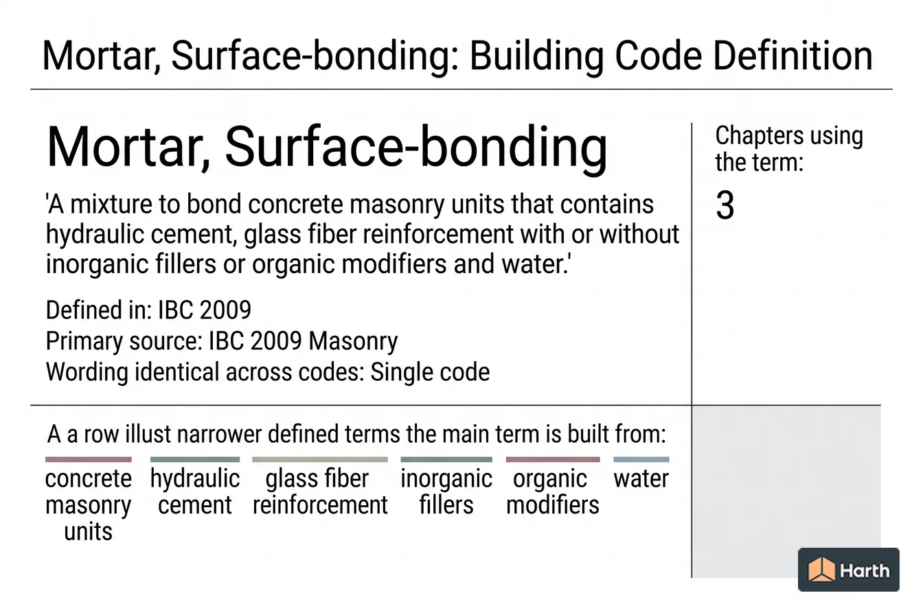 Labeled code-term definition diagram: Mortar, Surface-bonding: Building Code Definition