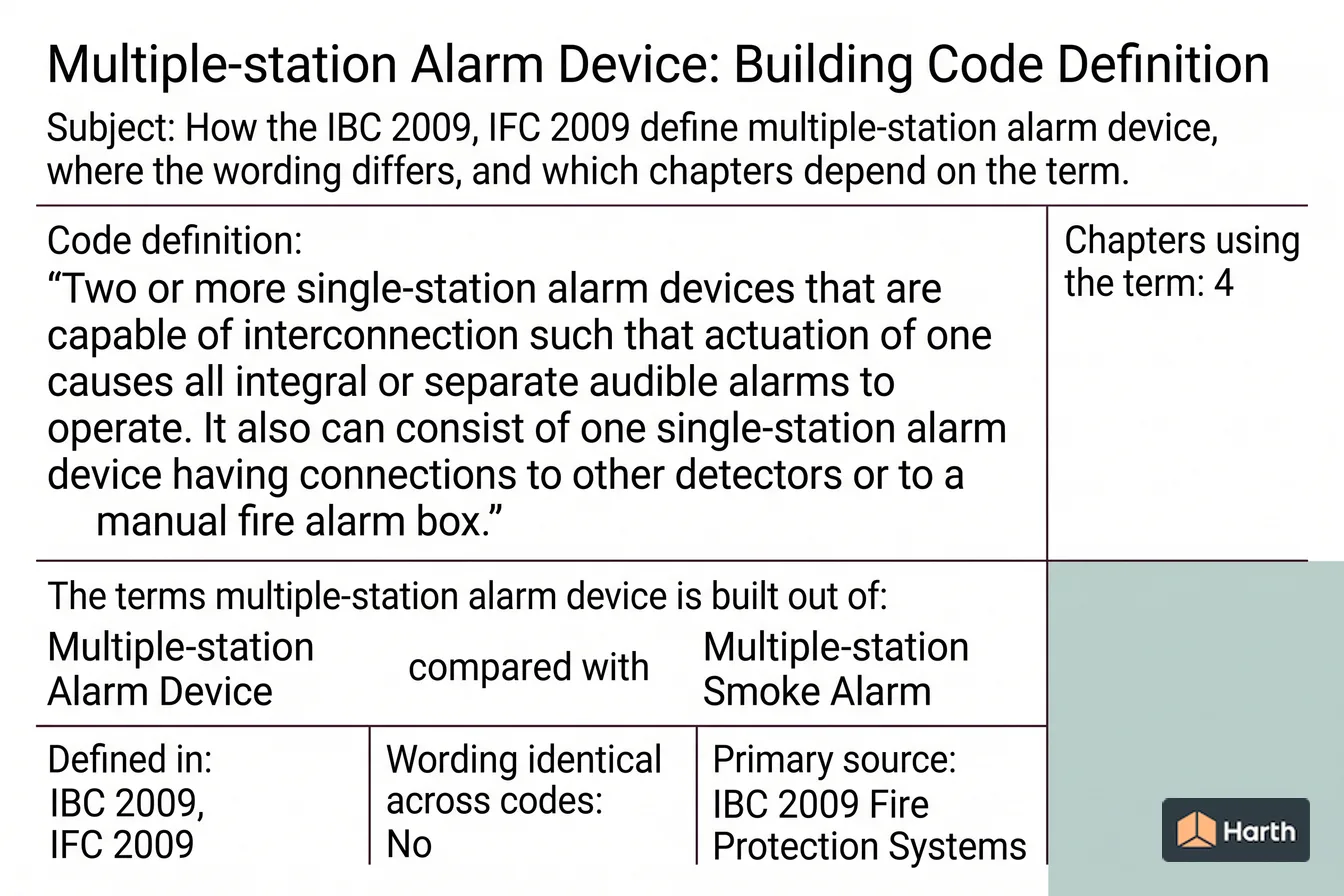 Labeled code-term definition diagram: Multiple-station Alarm Device: Building Code Definition