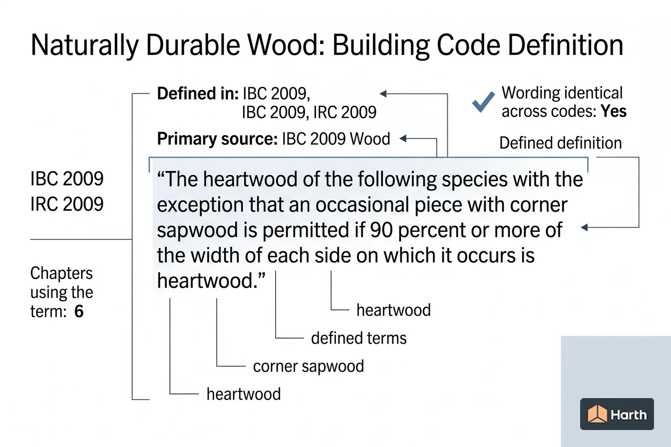Labeled code-term definition diagram: Naturally Durable Wood: Building Code Definition