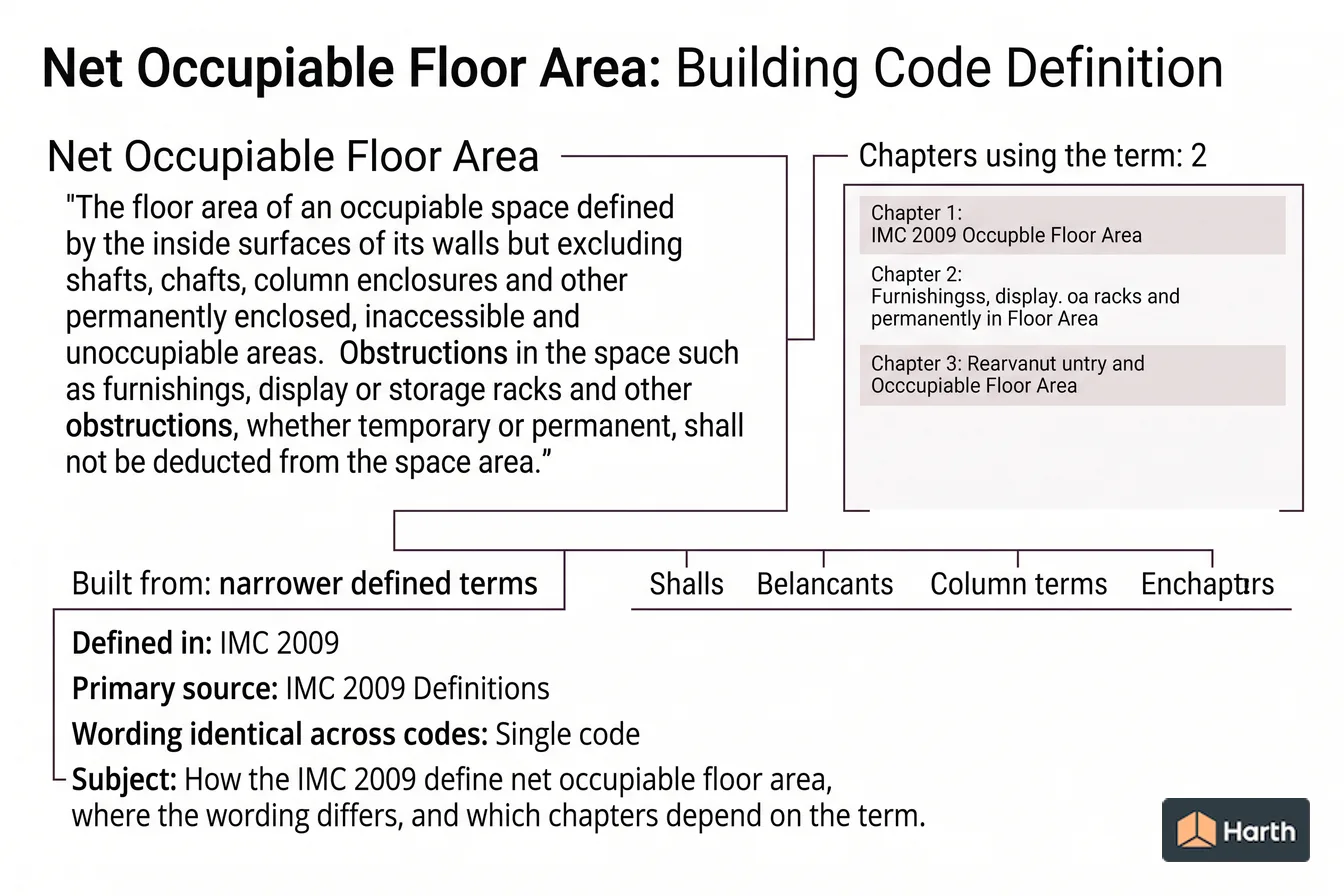Labeled code-term definition diagram: Net Occupiable Floor Area: Building Code Definition