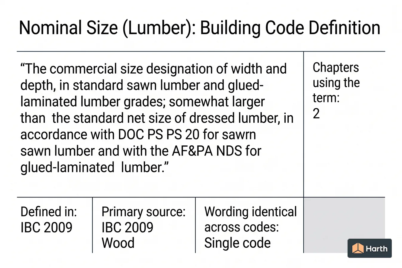 Labeled code-term definition diagram: Nominal Size (Lumber): Building Code Definition