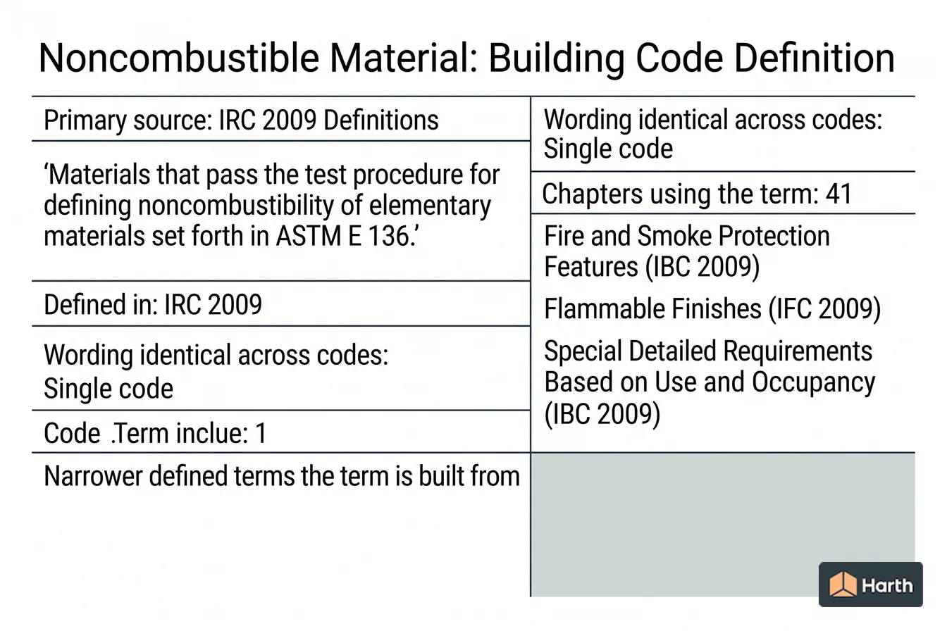 Labeled code-term definition diagram: Noncombustible Material: Building Code Definition