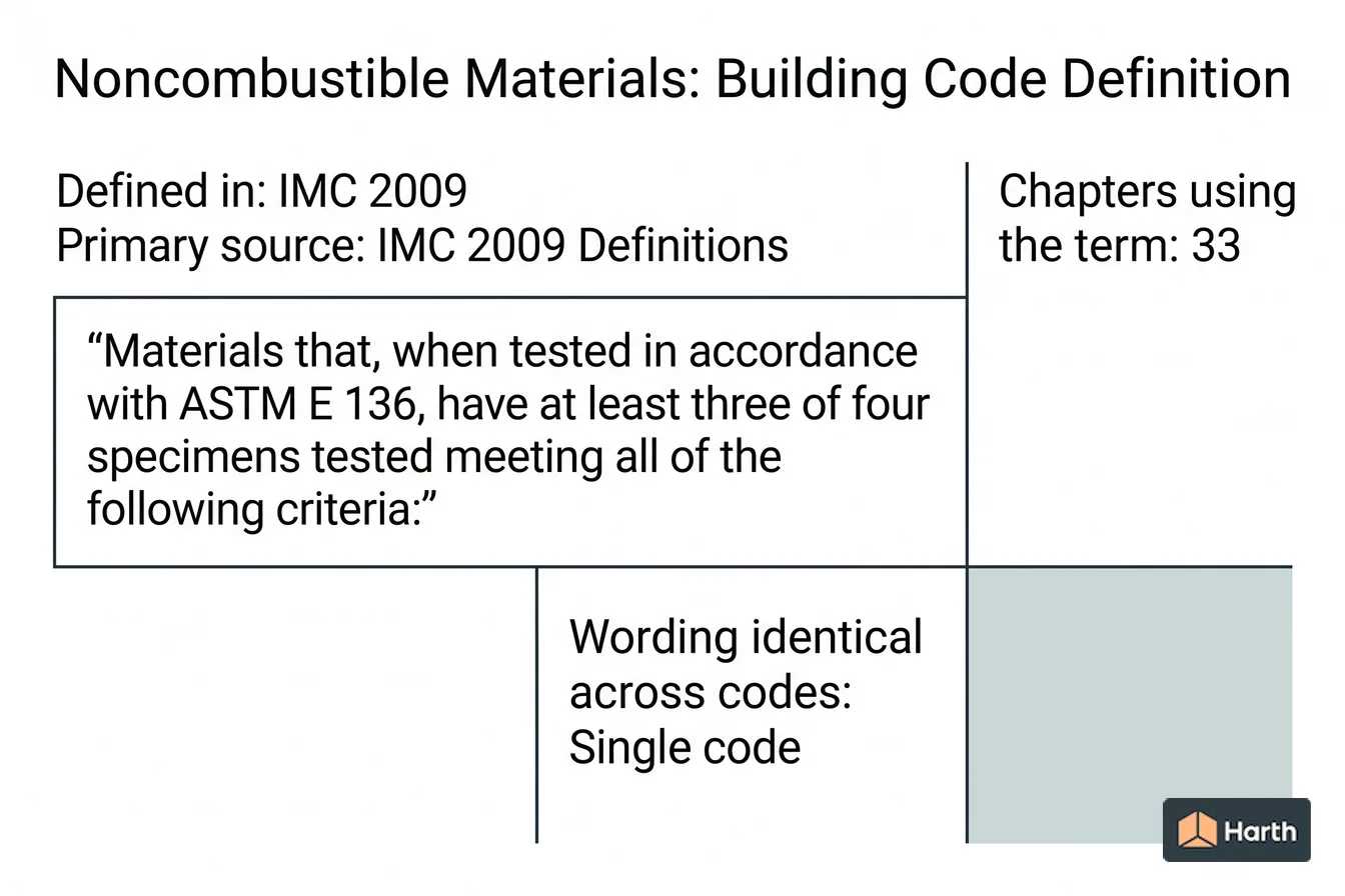 Labeled code-term definition diagram: Noncombustible Materials: Building Code Definition