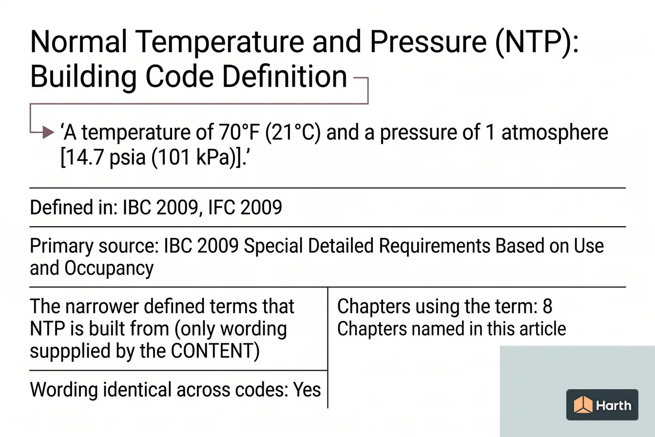 Labeled code-term definition diagram: Normal Temperature and Pressure (NTP): Building Code Definition