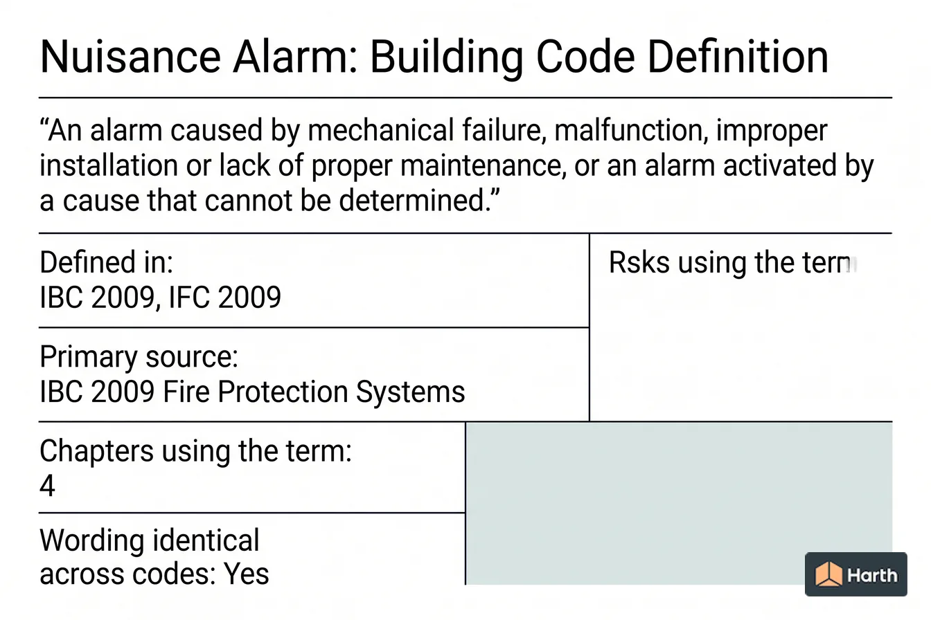 Labeled code-term definition diagram: Nuisance Alarm: Building Code Definition