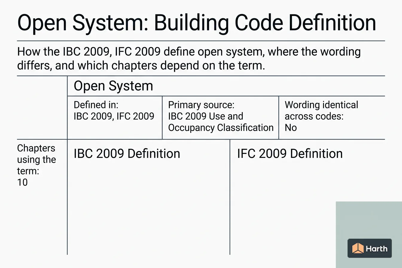 Labeled code-term definition diagram: Open System: Building Code Definition