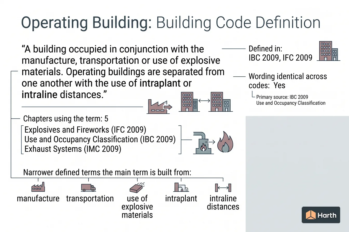 Labeled code-term definition diagram: Operating Building: Building Code Definition