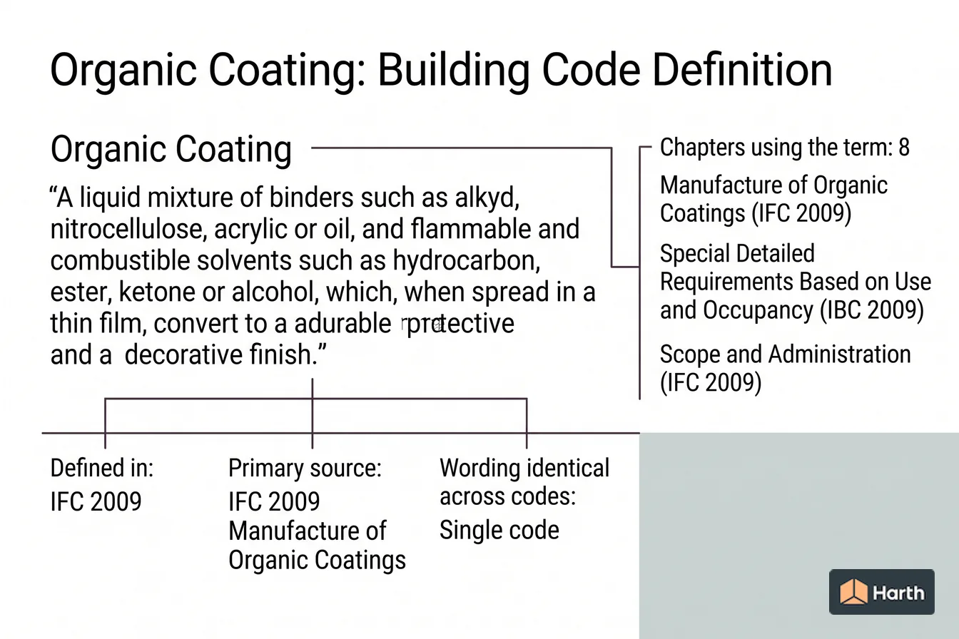 Labeled code-term definition diagram: Organic Coating: Building Code Definition