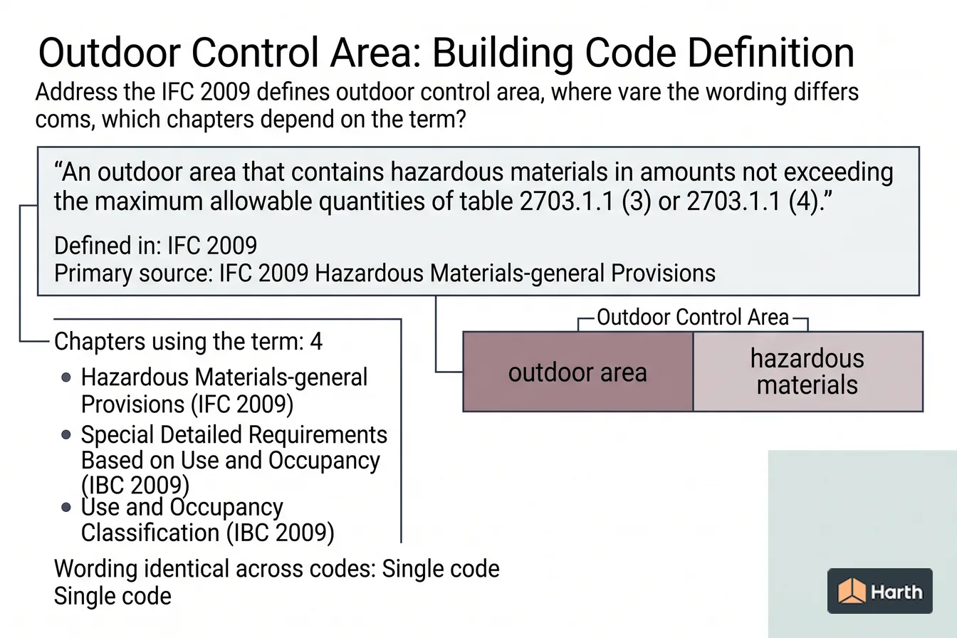 Labeled code-term definition diagram: Outdoor Control Area: Building Code Definition