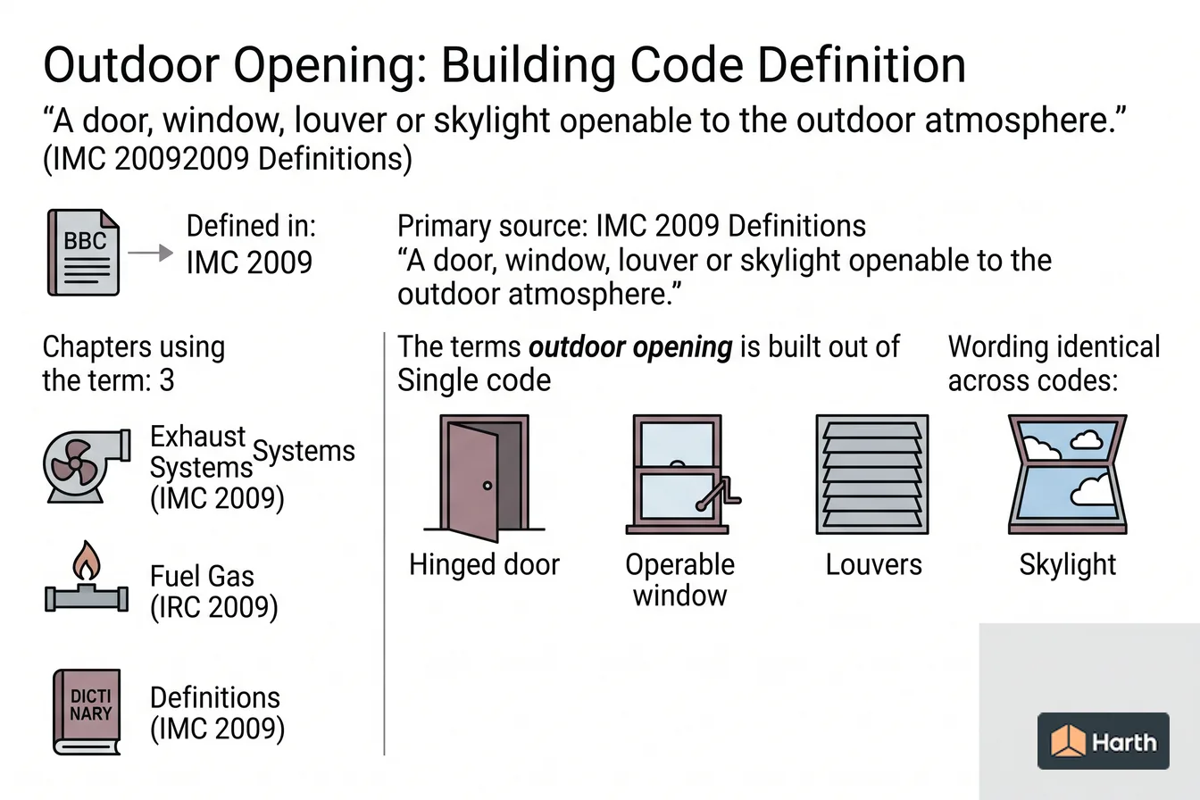 Labeled code-term definition diagram: Outdoor Opening: Building Code Definition