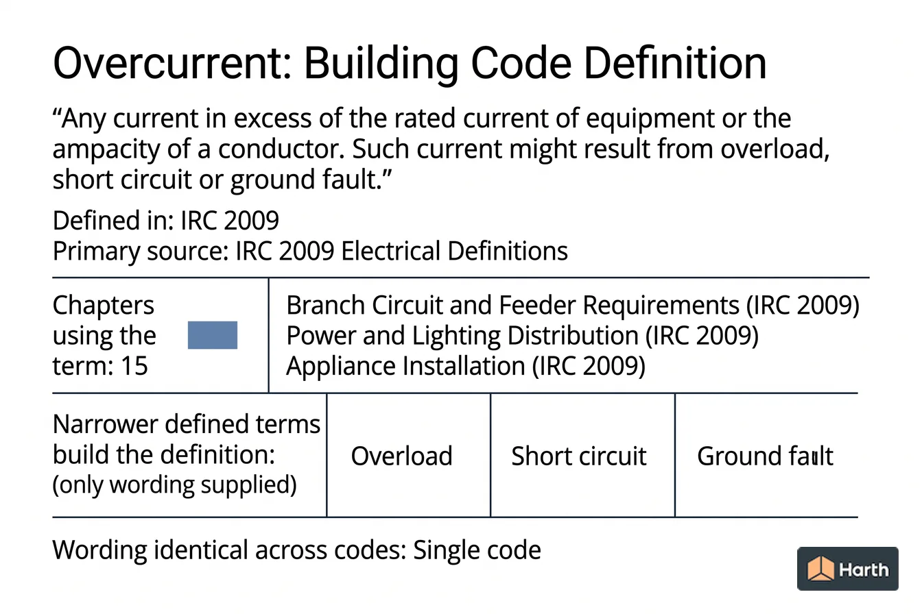 Labeled code-term definition diagram: Overcurrent: Building Code Definition