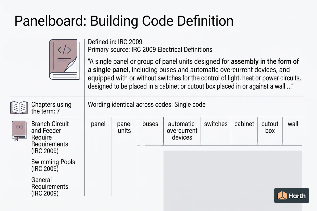 Labeled code-term definition diagram: Panelboard: Building Code Definition