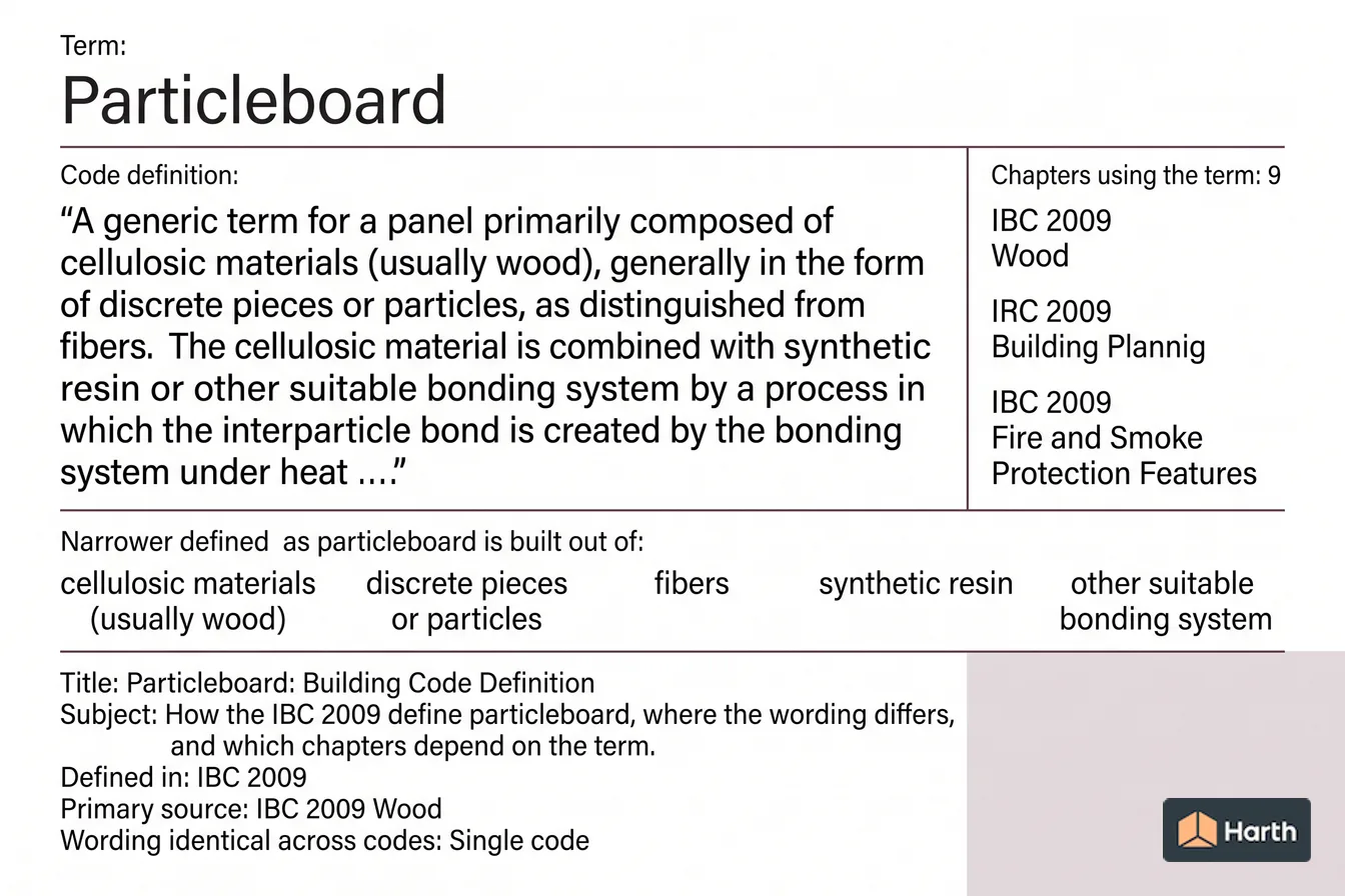 Labeled code-term definition diagram: Particleboard: Building Code Definition
