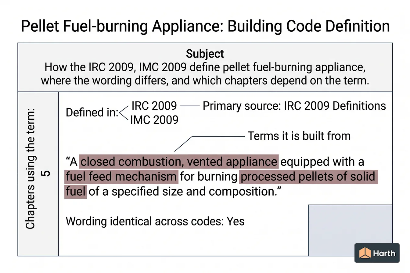 Labeled code-term definition diagram: Pellet Fuel-burning Appliance: Building Code Definition