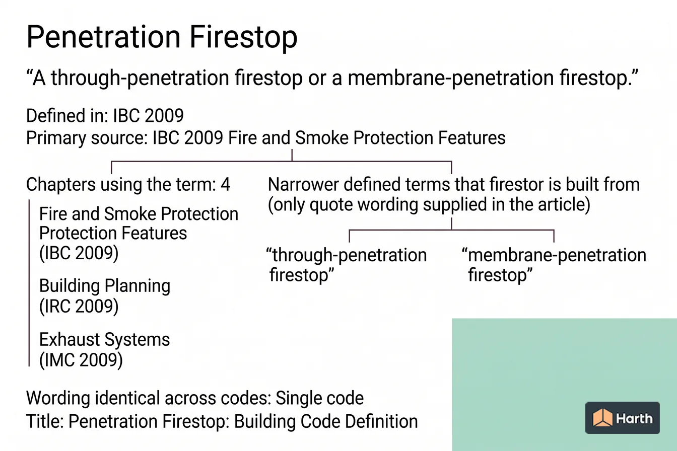 Labeled code-term definition diagram: Penetration Firestop: Building Code Definition