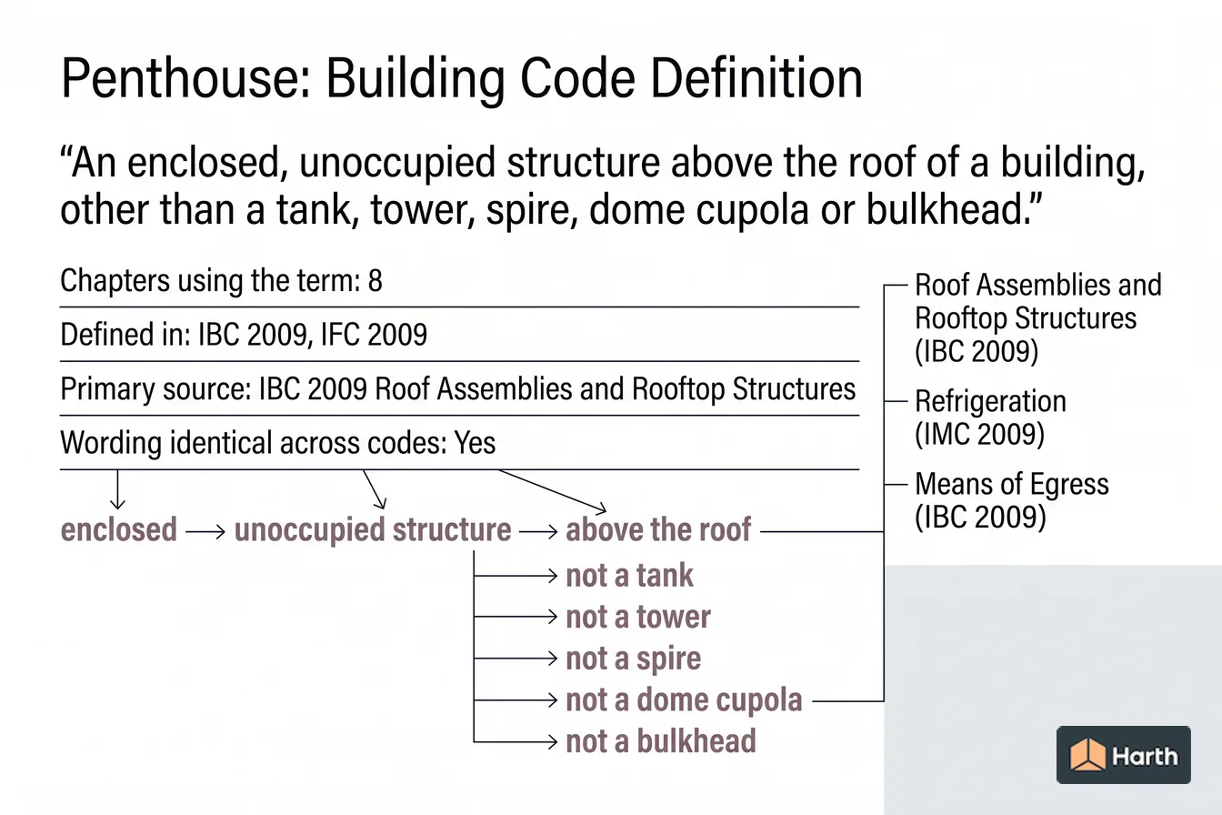 Labeled code-term definition diagram: Penthouse: Building Code Definition