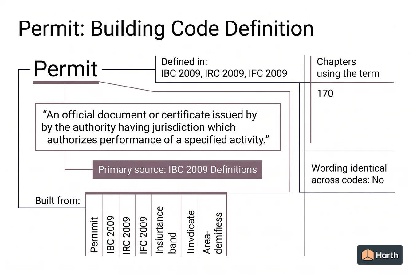 Labeled code-term definition diagram: Permit: Building Code Definition