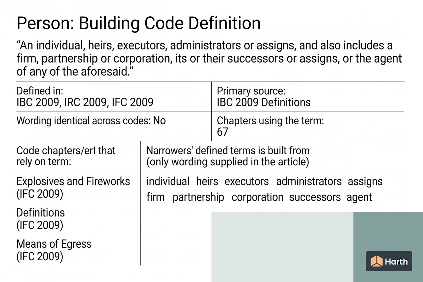Labeled code-term definition diagram: Person: Building Code Definition