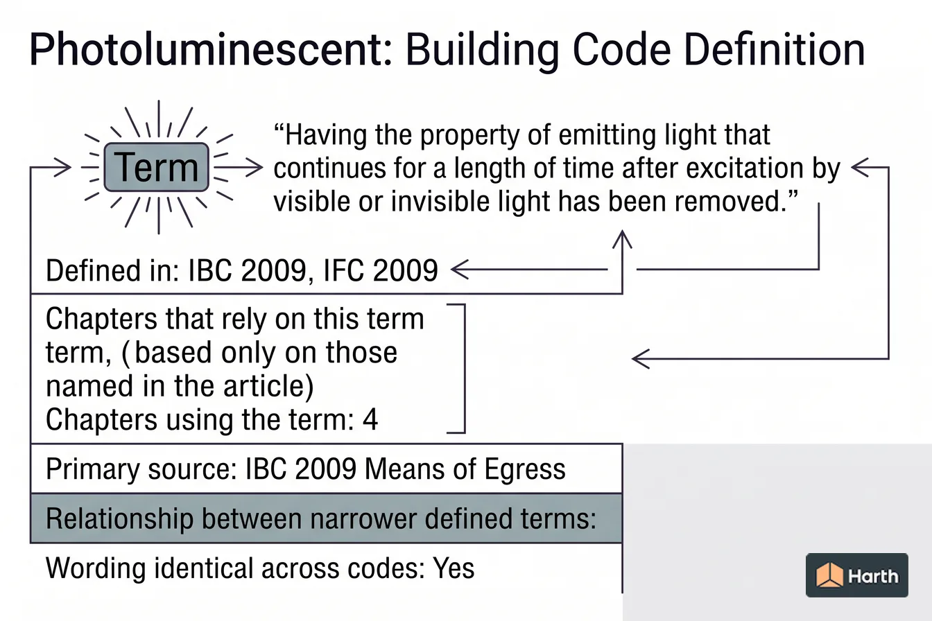 Labeled code-term definition diagram: Photoluminescent: Building Code Definition