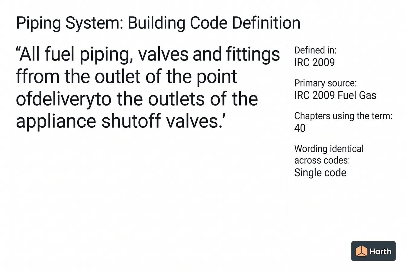 Labeled code-term definition diagram: Piping System: Building Code Definition