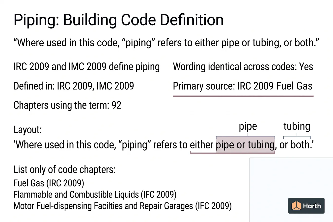 Labeled code-term definition diagram: Piping: Building Code Definition
