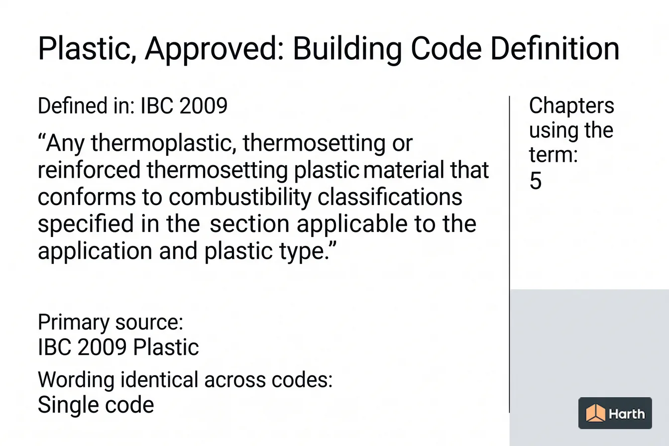 Labeled code-term definition diagram: Plastic, Approved: Building Code Definition
