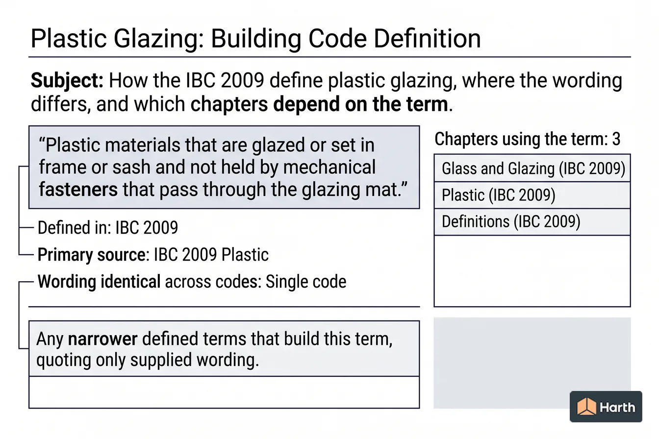 Labeled code-term definition diagram: Plastic Glazing: Building Code Definition