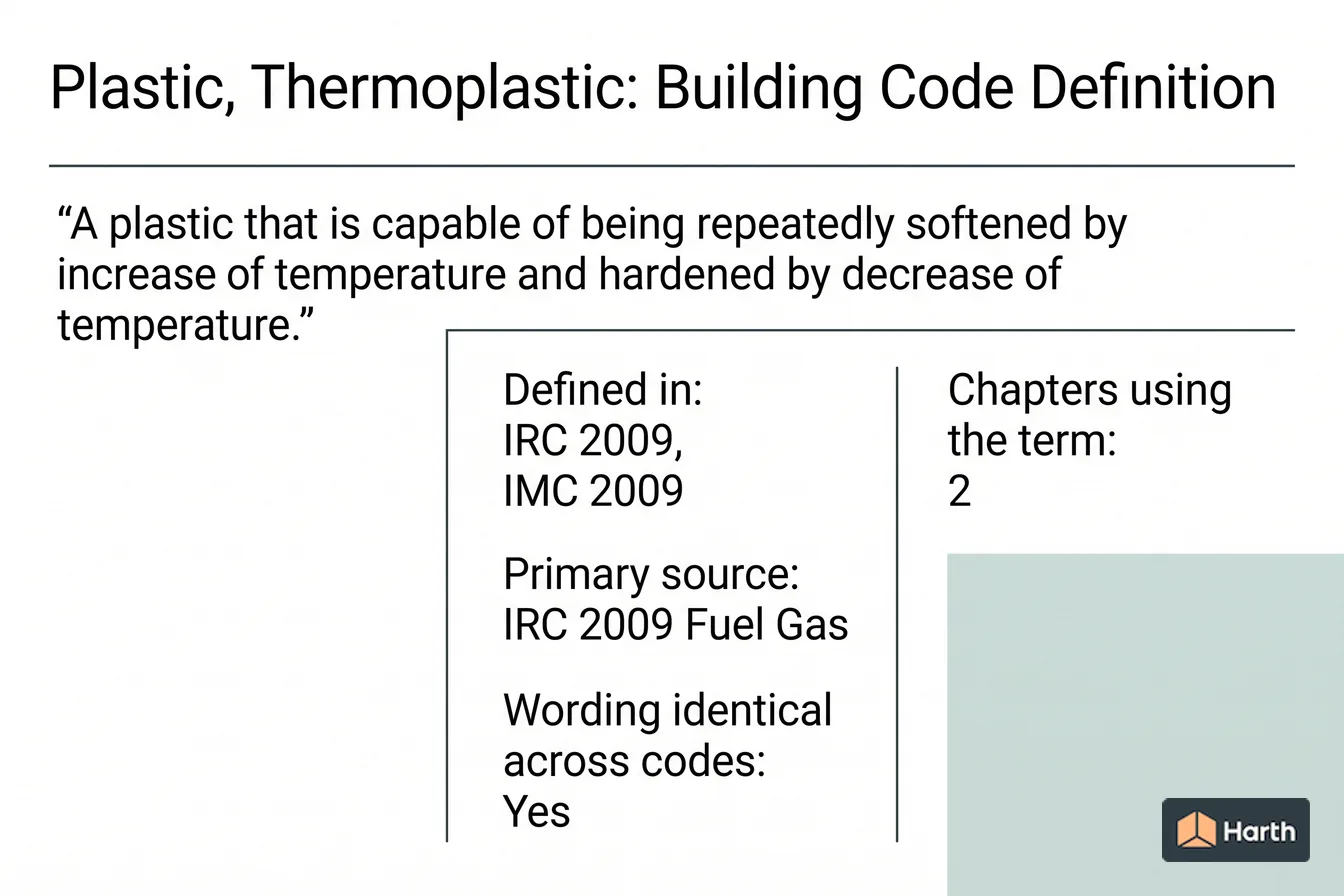 Labeled code-term definition diagram: Plastic, Thermoplastic: Building Code Definition