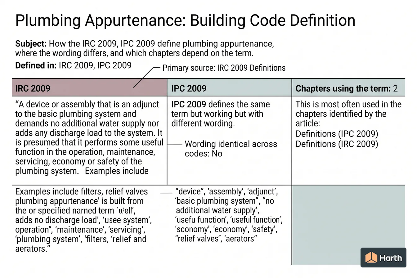 Labeled code-term definition diagram: Plumbing Appurtenance: Building Code Definition