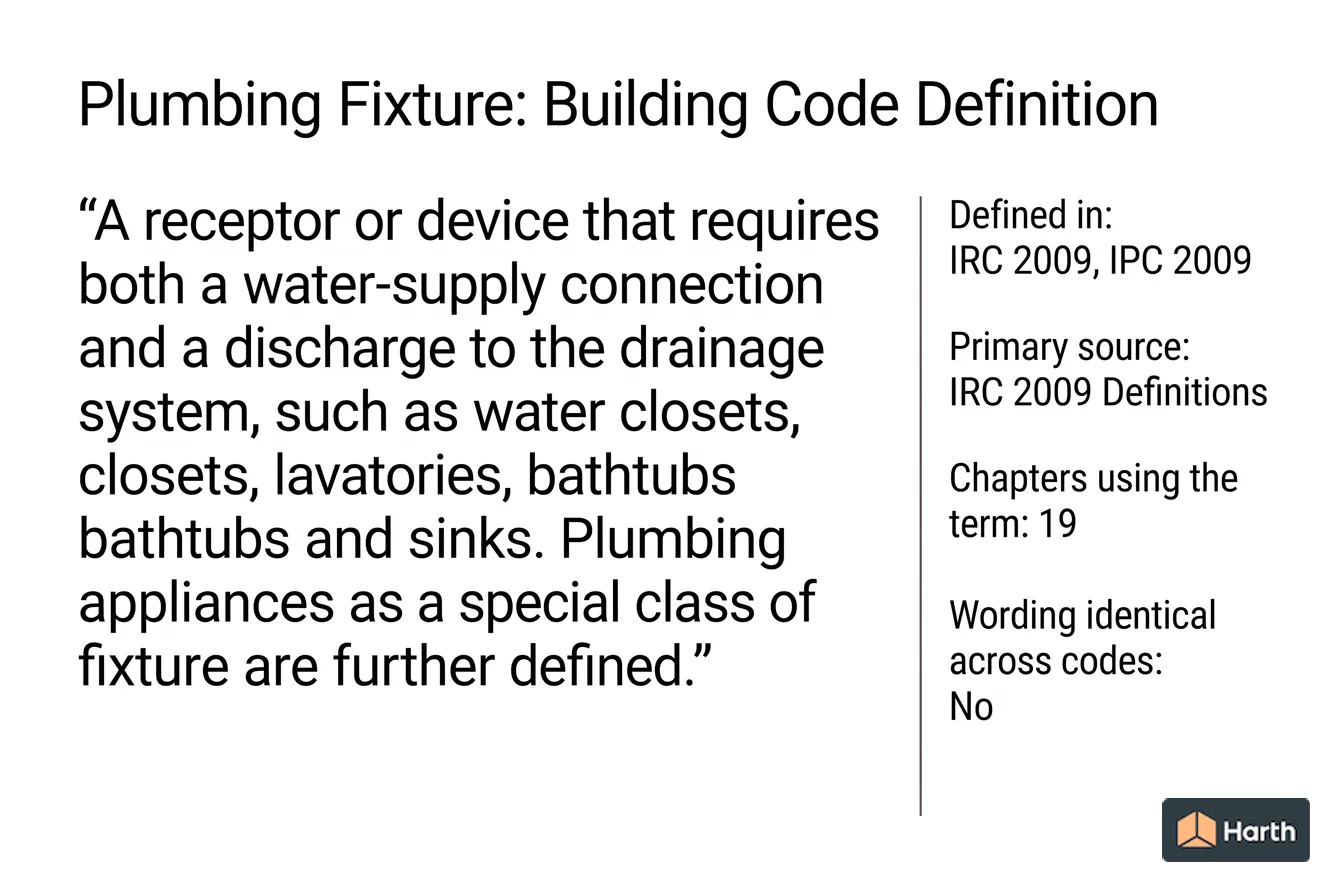 Labeled code-term definition diagram: Plumbing Fixture: Building Code Definition