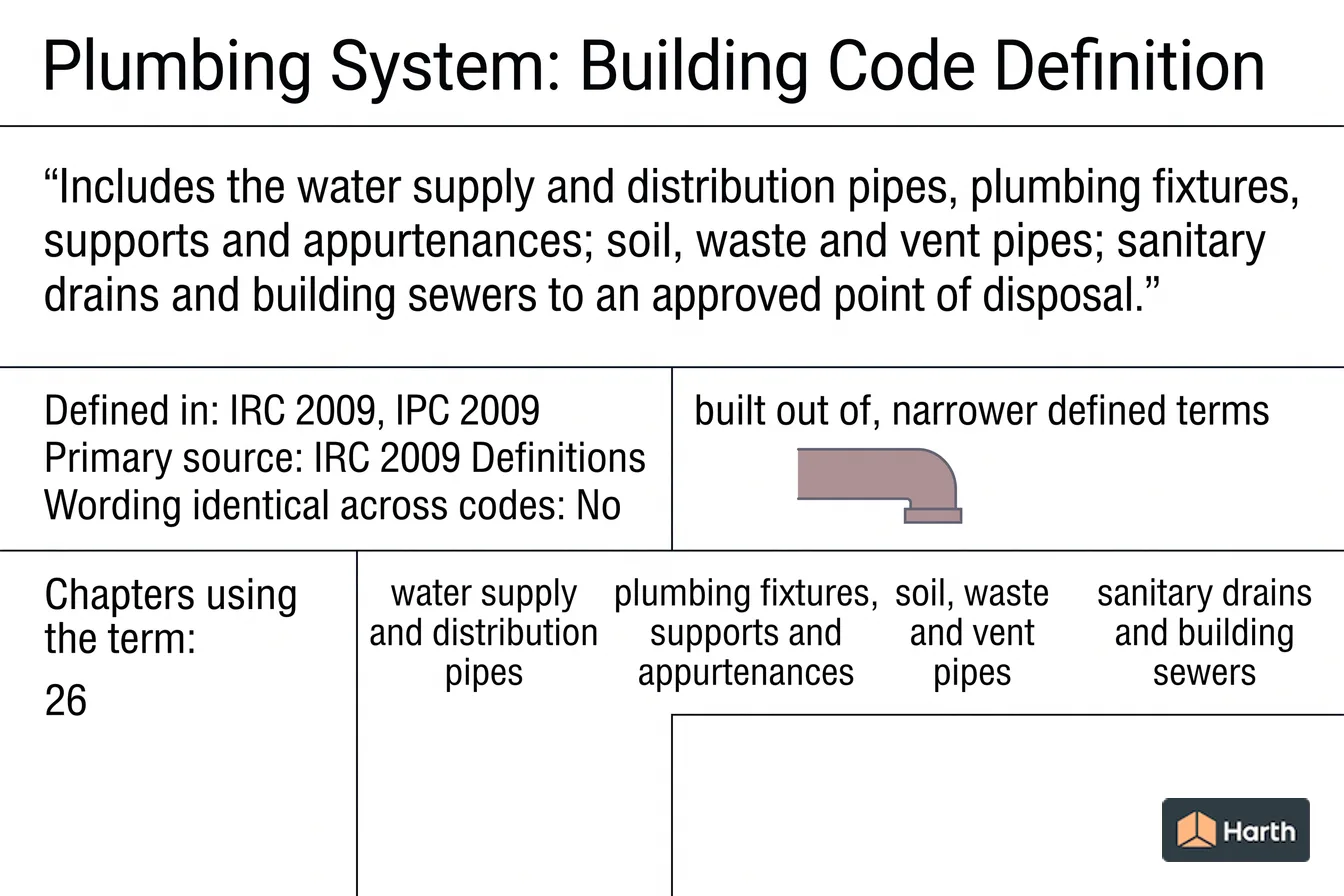 Labeled code-term definition diagram: Plumbing System: Building Code Definition