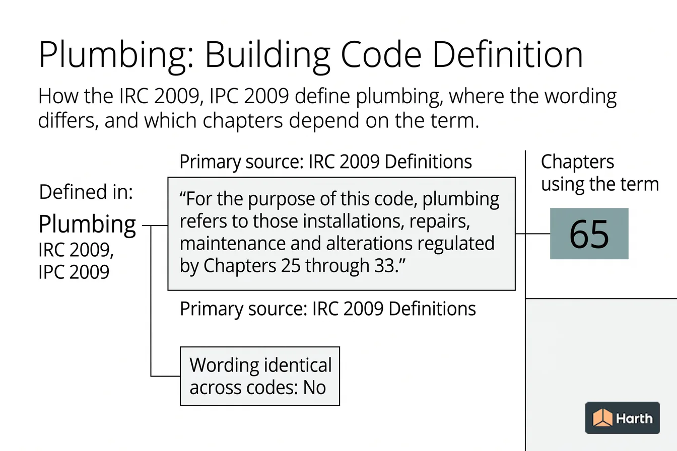 Labeled code-term definition diagram: Plumbing: Building Code Definition
