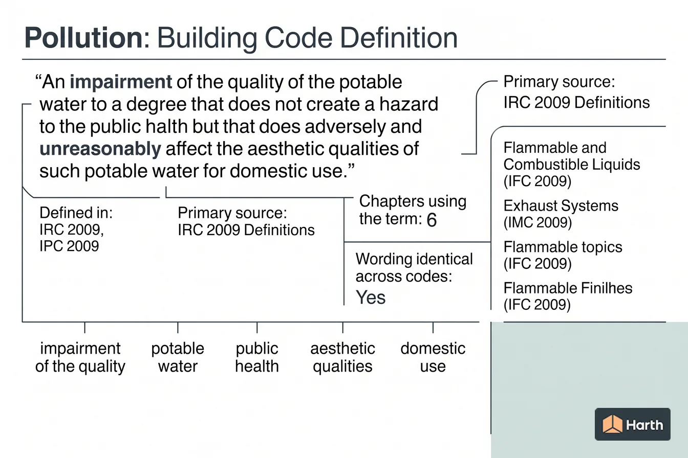 Labeled code-term definition diagram: Pollution: Building Code Definition