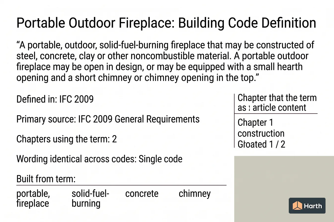 Labeled code-term definition diagram: Portable Outdoor Fireplace: Building Code Definition