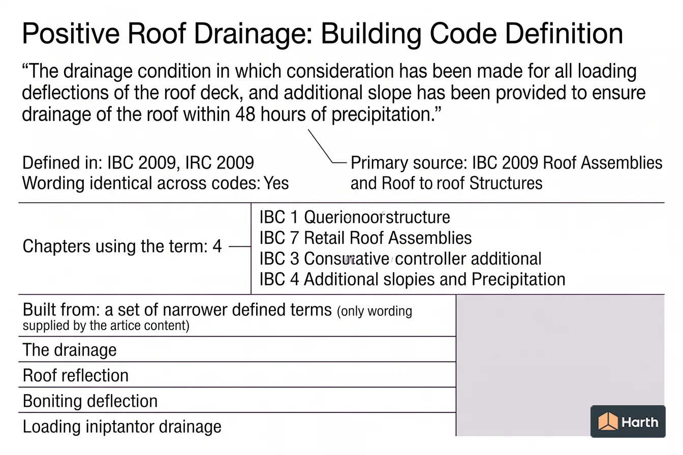 Labeled code-term definition diagram: Positive Roof Drainage: Building Code Definition