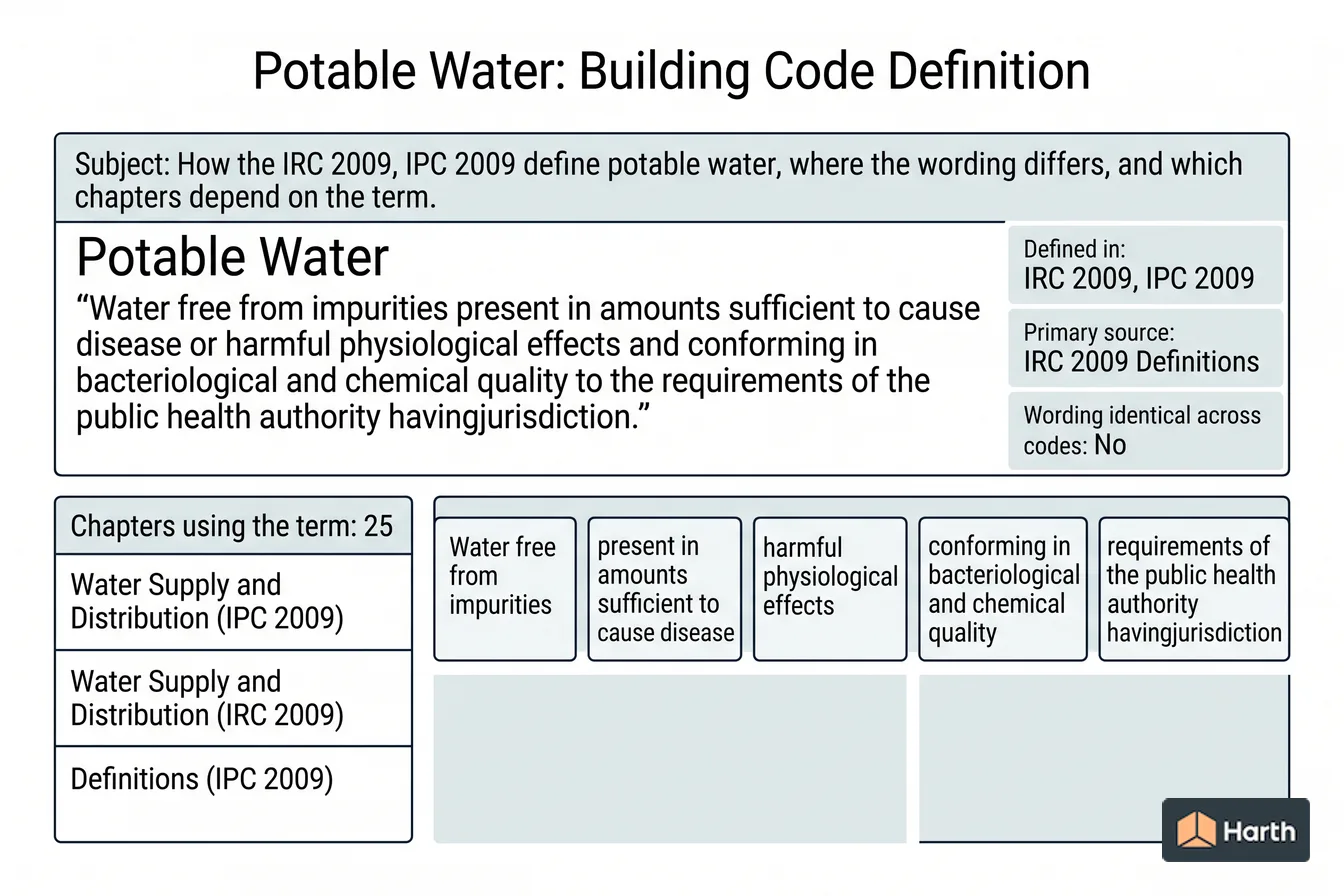 Labeled code-term definition diagram: Potable Water: Building Code Definition