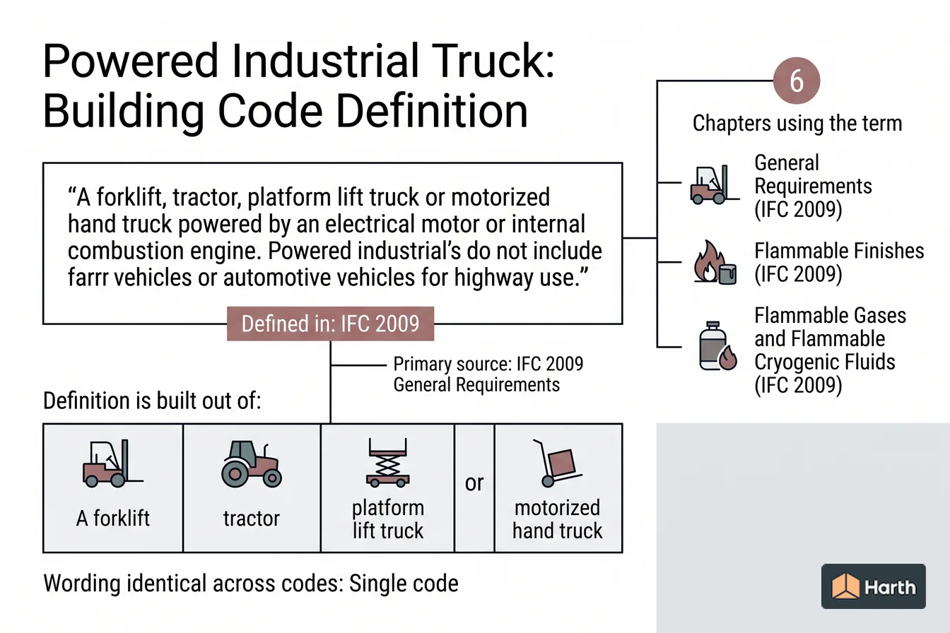 Labeled code-term definition diagram: Powered Industrial Truck: Building Code Definition