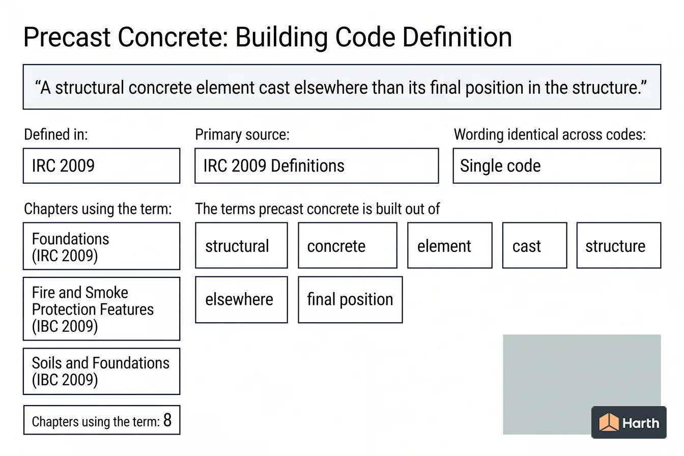 Labeled code-term definition diagram: Precast Concrete: Building Code Definition