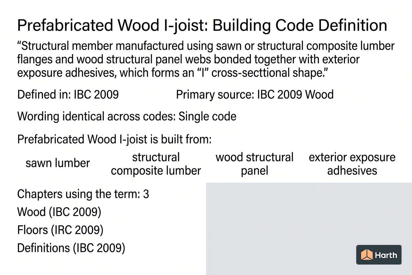 Labeled code-term definition diagram: Prefabricated Wood I-joist: Building Code Definition