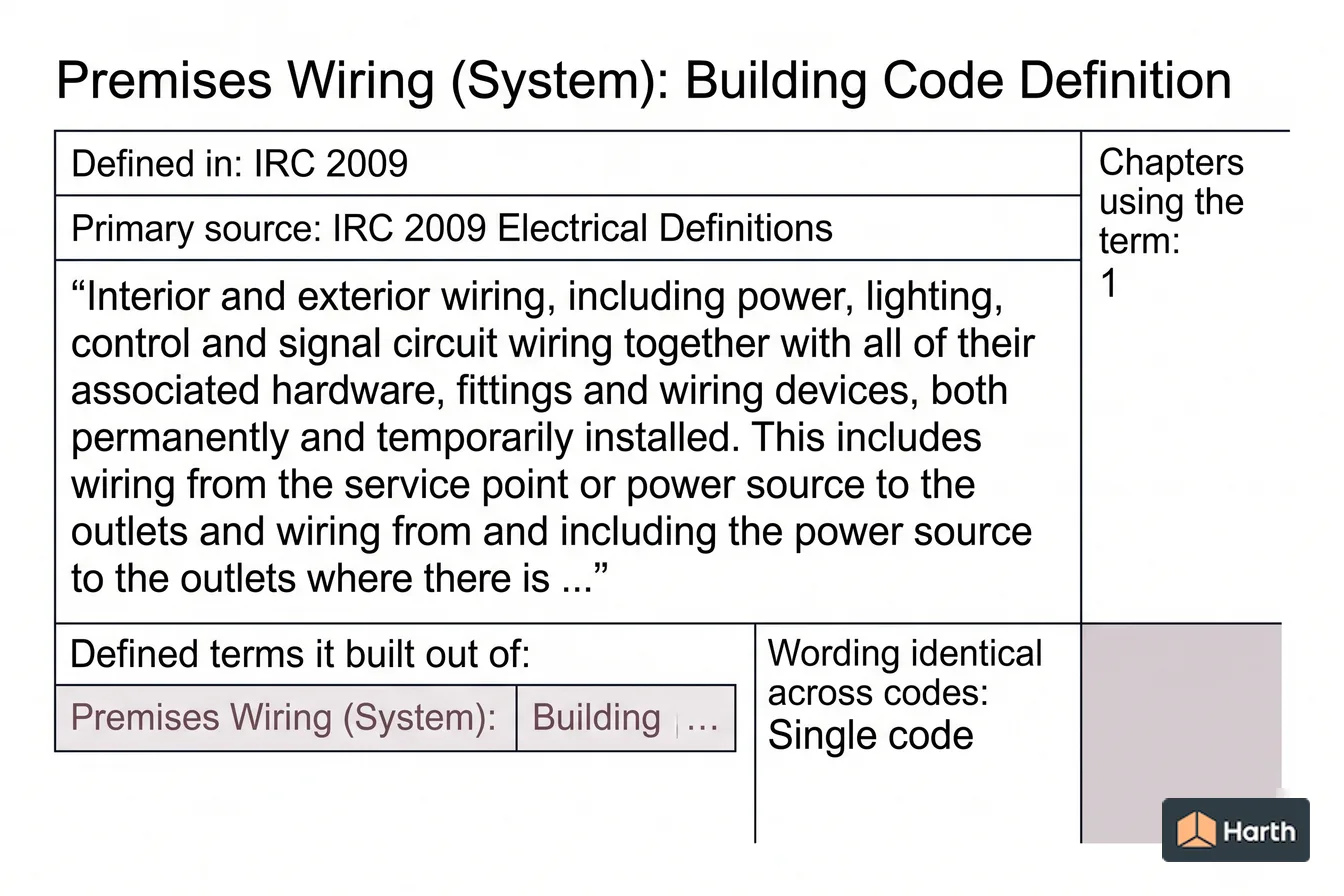 Labeled code-term definition diagram: Premises Wiring (System): Building Code Definition