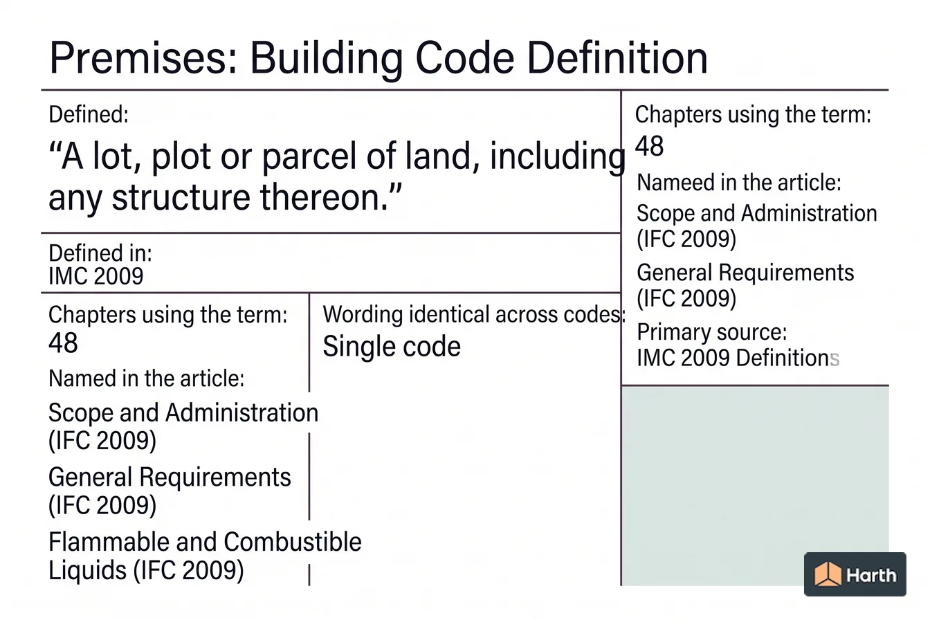 Labeled code-term definition diagram: Premises: Building Code Definition