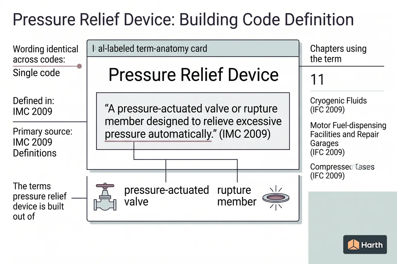 Labeled code-term definition diagram: Pressure Relief Device: Building Code Definition