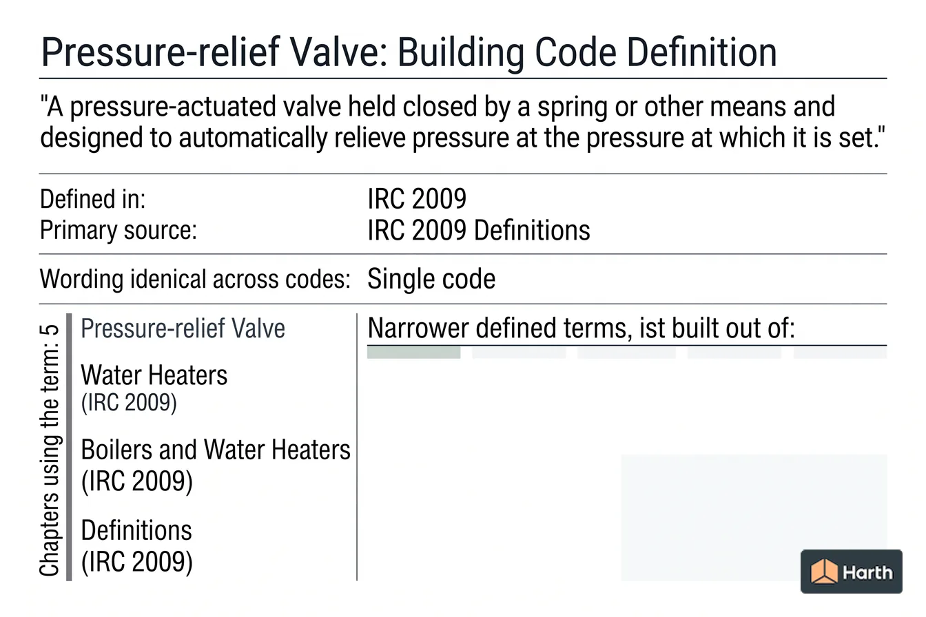Labeled code-term definition diagram: Pressure-relief Valve: Building Code Definition