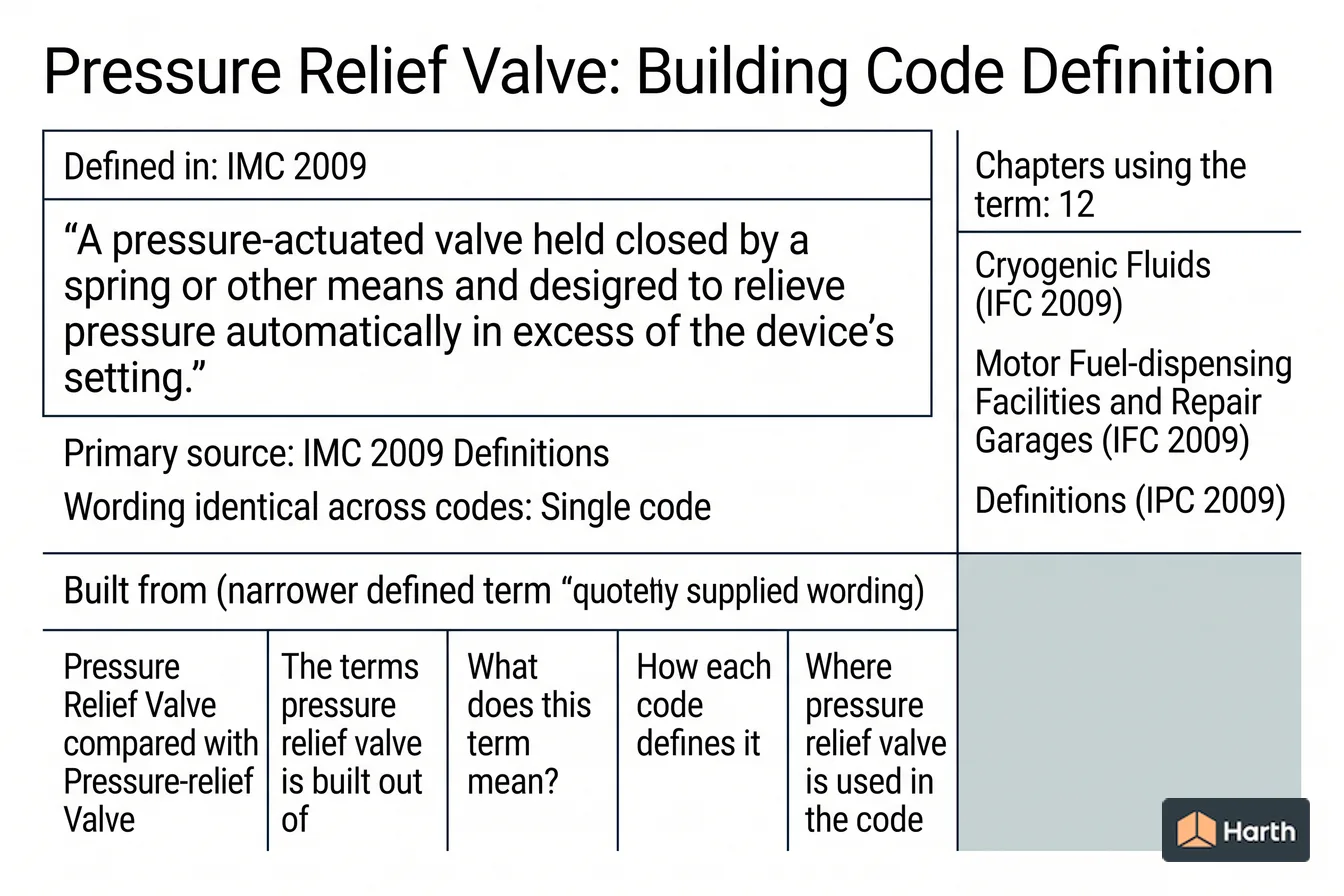 Labeled code-term definition diagram: Pressure Relief Valve: Building Code Definition