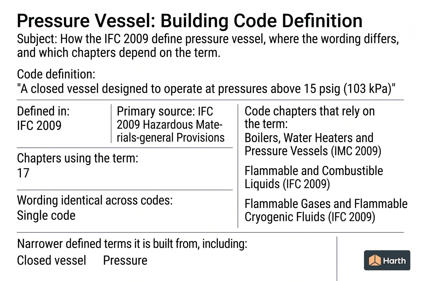 Labeled code-term definition diagram: Pressure Vessel: Building Code Definition