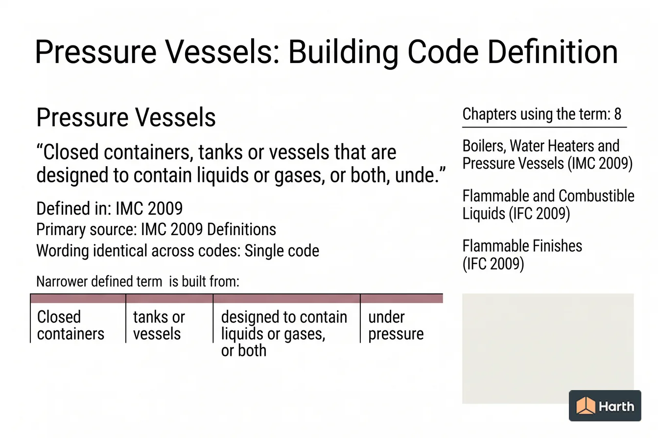 Labeled code-term definition diagram: Pressure Vessels: Building Code Definition